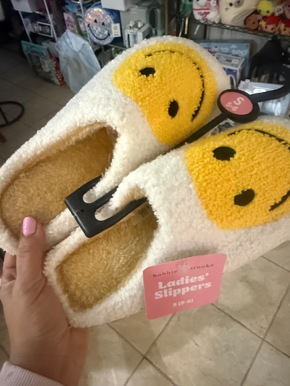 Bobbie Brooks White Ladies Slippers with Yellow Smiley Face